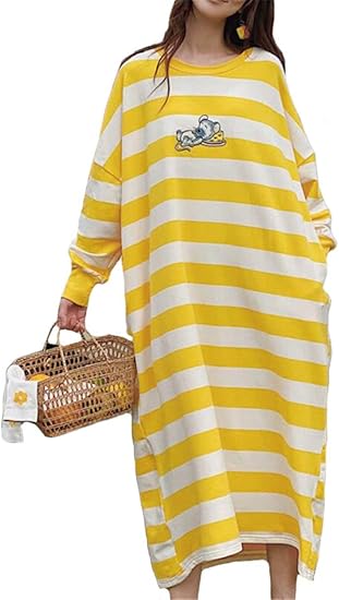 Amazon Infabe ルームワンピース パジャマ レディース ワンピース ゆったり 柔らか 長袖 ロング ストライプ 部屋着 ルームウェア レディース ルームワンピース ネグリジェ 通販