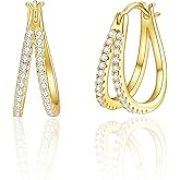 Hypoallergenic Hoop Earrings for Women, 14K Gold Plated Double Hoops Earrings with Cubic Zirconia Pave Cluster Lightweight Hoops Earrings for Lover Anniversary Birthday Christmas