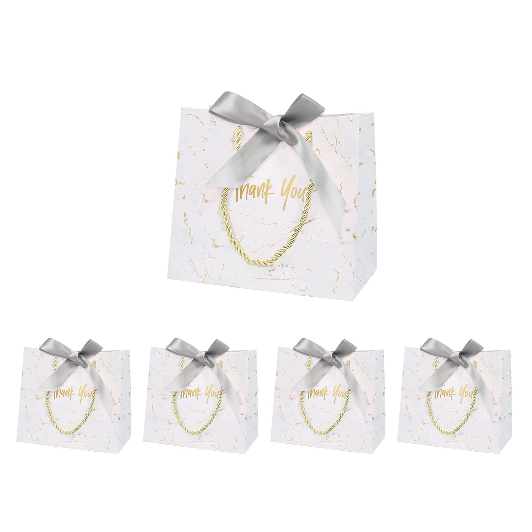5Pcs Thank You Gift Bags, Marble Pattern Paper With Ribbons for Wedding, Baby Shower, Bridal Shower, Birthday Party (18× 10× 16cm), Grey