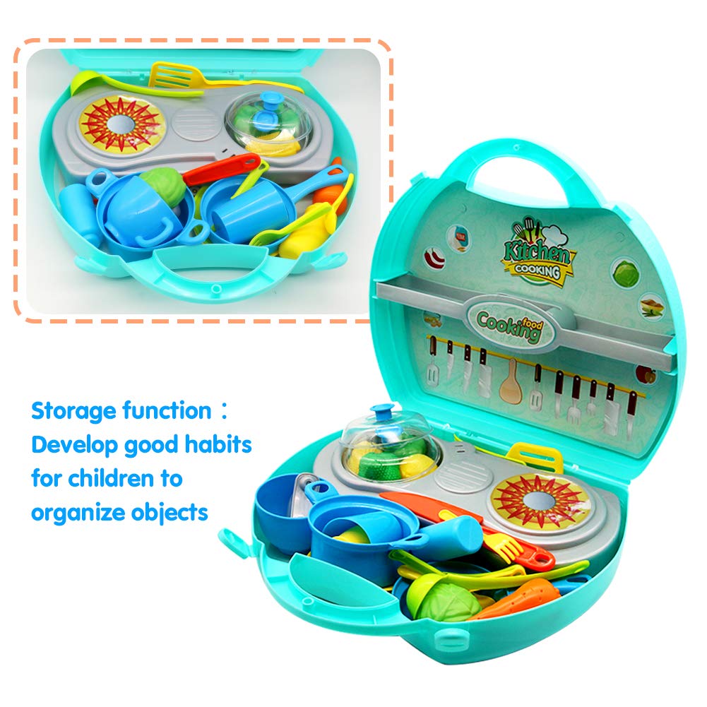 Nuheby Kids Kitchen Toys Cooking Set 34pcs Kitchen Accessories Role Play Toys Educational Toys for Boys Girls Gift Kids for 3 4 5 Year Old with Mini Carry Case 