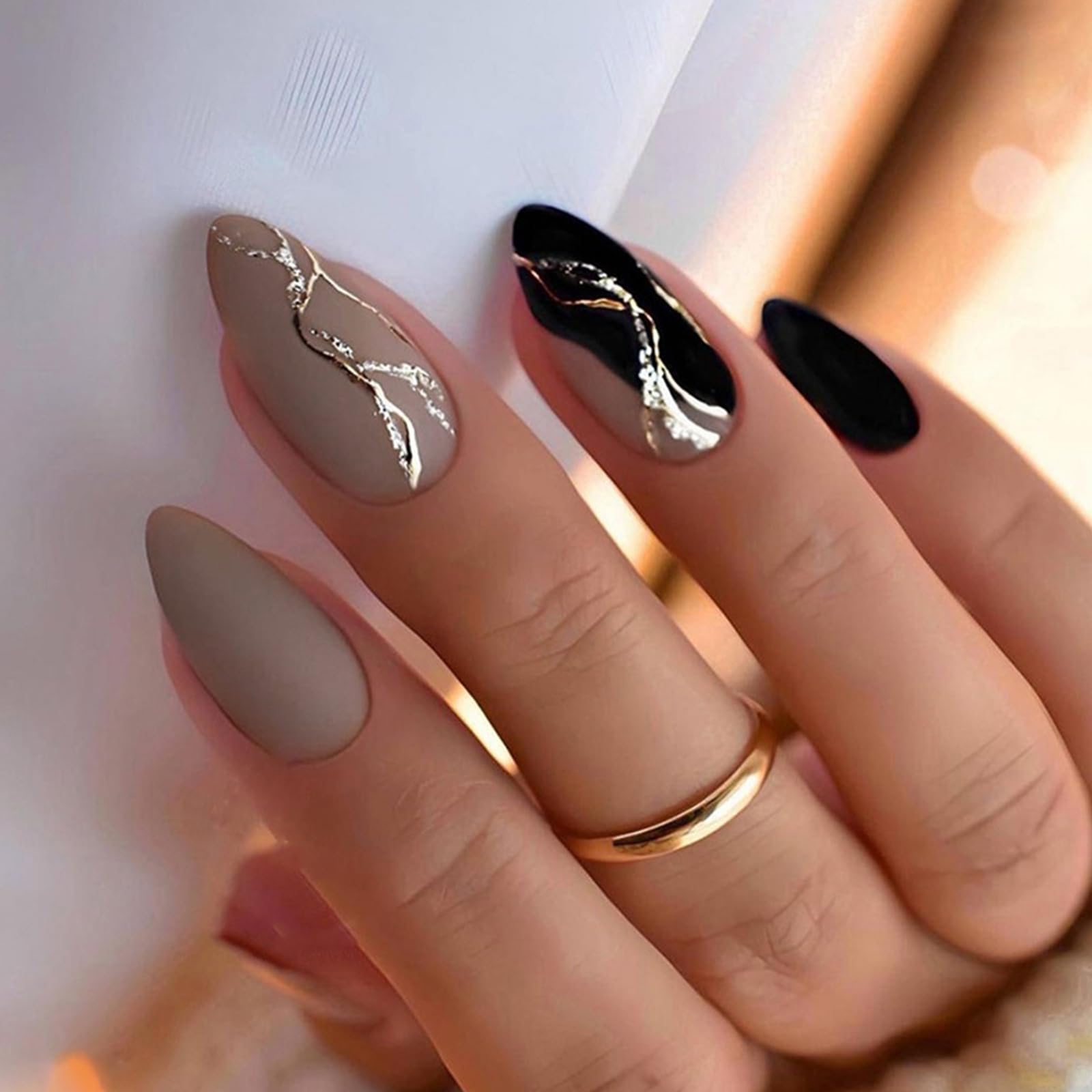24-PCS French Tip Almond Press on Nails,Medium Length Fake Nails with Metal Line Design,Elegant and Personality Coffin False Nails, Glossy Full Cover Acrylic Nails for Women & Girls