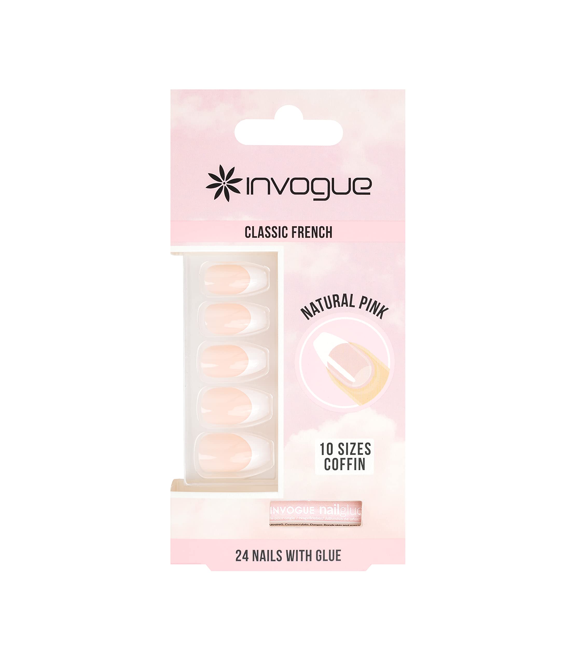 Invogue Coffin Natural Pink False Nails With Glue 24 Pack