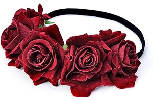 DreamLily Rose Flower Crown Wedding Festival Headband Hair Garland Wedding Headpiece (1-Burgundy)