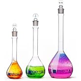 EISCO Premium Volumetric Flask Set - 50ml, 100ml &amp; 250ml - Class A, ASTM E288 - Superior Durability &amp; Chemical Resistance - Glass Penny Stoppers - Borosilicate 3.3 Glass