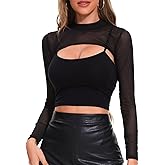Mesh Crop Tops for Women Sexy Rave Outfits Long Sleeve Mock Neck Sheer Top Festival See Through Shirt Fishnet Cover Up