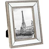 Isaac Jacobs 5x7 Champagne Mirror Bead Picture Frame - Classic Mirrored Frame with Dotted Border Made for Wall Display, Tabletop, Photo Gallery and Wall Art (5x7, Champagne)