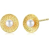 Watforsh 14K Gold Plated White Pearl Stud Hammered Circle Wedding Earrings for Bride and Bridesmaids Women