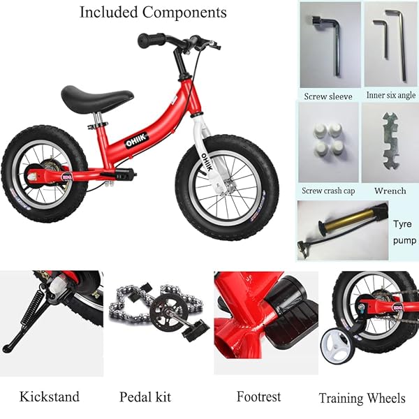 OHIIK BALANCE BIKE 2 IN 1 FOR KIDS 2 3 4 5 6 7 YEARS OLD,BALANCE TO PEDALS BIKE,12 14 16 INCH KIDS BIKE,WITH PEDAL KIT,TRAINING WHEELS,BRAKES (14 INCH, RED)