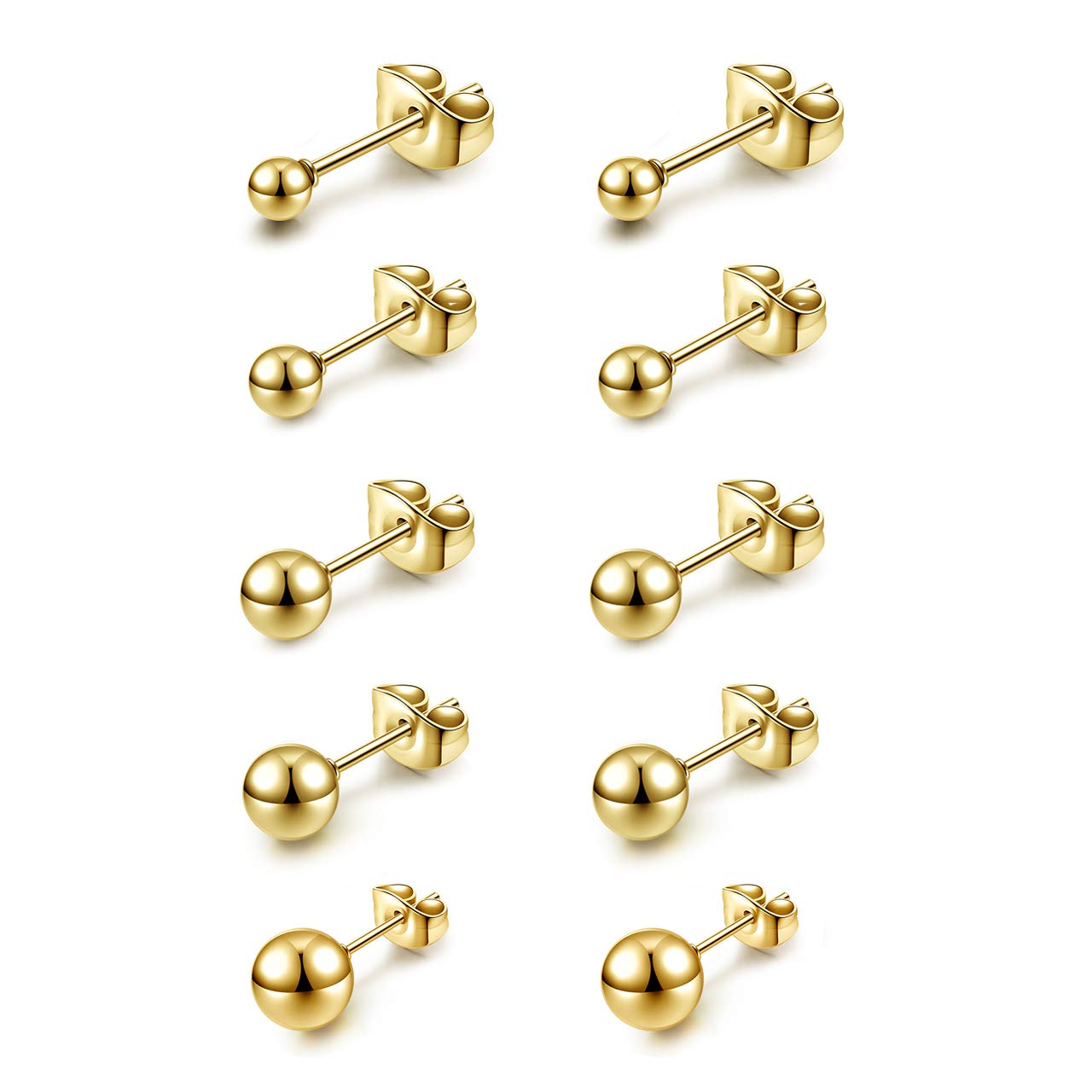 JOVIVI Gold Stud Earrings for Women Girls, 5 Pairs Stainless Steel Round Ball Stud Earrings Set, Hypoallergenic Barbell Earring Ear Studs Men Jewellery,Size: 3, 4, 5, 6, 8mm