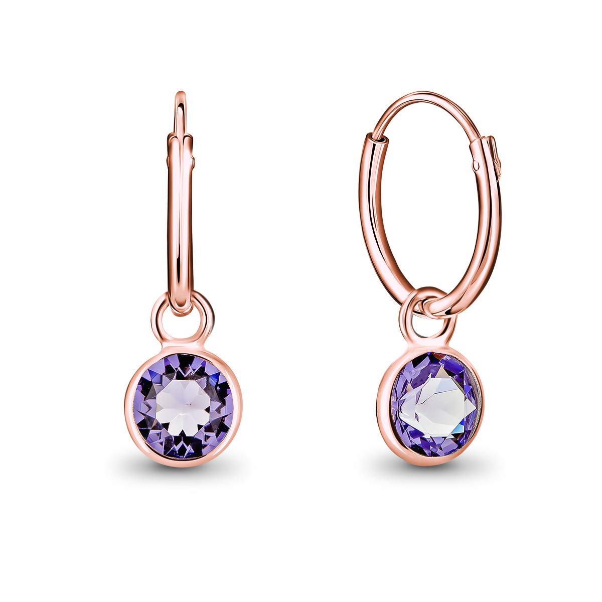 DTPsilver® 925 Sterling Silver Rose Gold Plated SMALL Hoops Earrings - Dangling 5 mm Round Glittering Crystals from Swarovski® Elements - Diameter 12 mm - Colour: Tanzanite