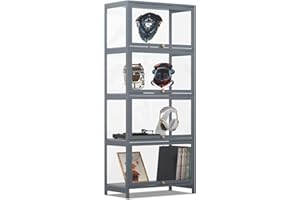 MoNiBloom 4-Tier Display Cabinet with Acrylic Doors - 55” Transparent Bamboo Display Case for Figures and Curio Collection, Floor Standing - Grey