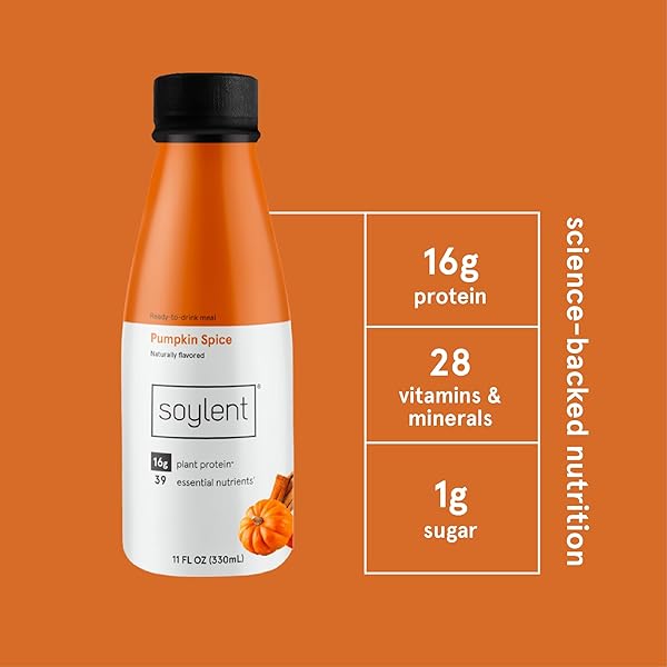 SOYLENT COMPLETE MEAL REPLACEMENT SHAKE, PUMPKIN SPICE, 16G COMPLETE PROTEIN, READY-TO-DRINK PLANT BASED PROTEIN DRINK, 1G SUGAR, 11OZ (4 PACK)