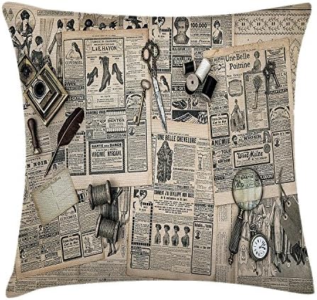 vhg8dweh Clock Decor Throw Pillow Cushion Cover, Antique Accessories Design Old Fashion Magazine Sewing and Writing Tools, Decorative Square Accent Pillow Case, 18 X 18 Inches, Beige and Black