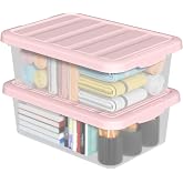 Ysmiltion 14 Quart Plastic Storage Latching Bin Box with Pink Lids, 2 Packs | Flat Under Bed Organization Latch Tote Containers with Lid