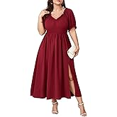 SCOMCHIC Women's Plus Size Wedding Guest Dresses Cocktail Formal Summer V Neck Puff Short Sleeve Slit A Line Maxi Dress