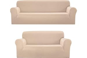 Sapphire Home 2-Piece Sofa and Loveseat Slipcovers, Couch Covers Set, Form fit Stretch, Wrinkle Free, Furniture Protector, Sofa Covers for Living Room, Diamond Pattern Polyester Spandex (Beige/Ivory)