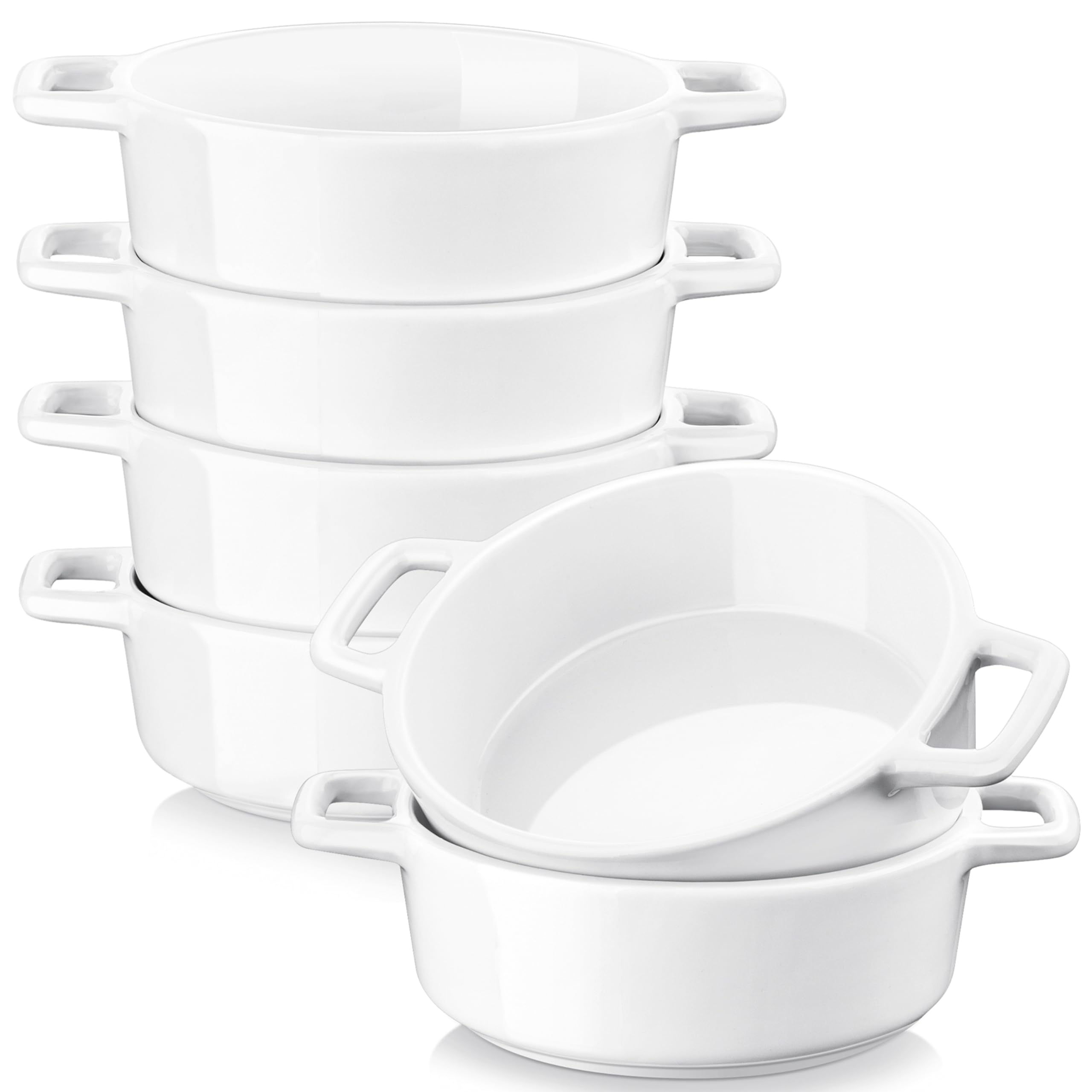 LOVECASA Porcelain Ramekins, Ramekins for Baking, Creme Brulee Dish with Double Handle (White, 200ml,Set of 6)