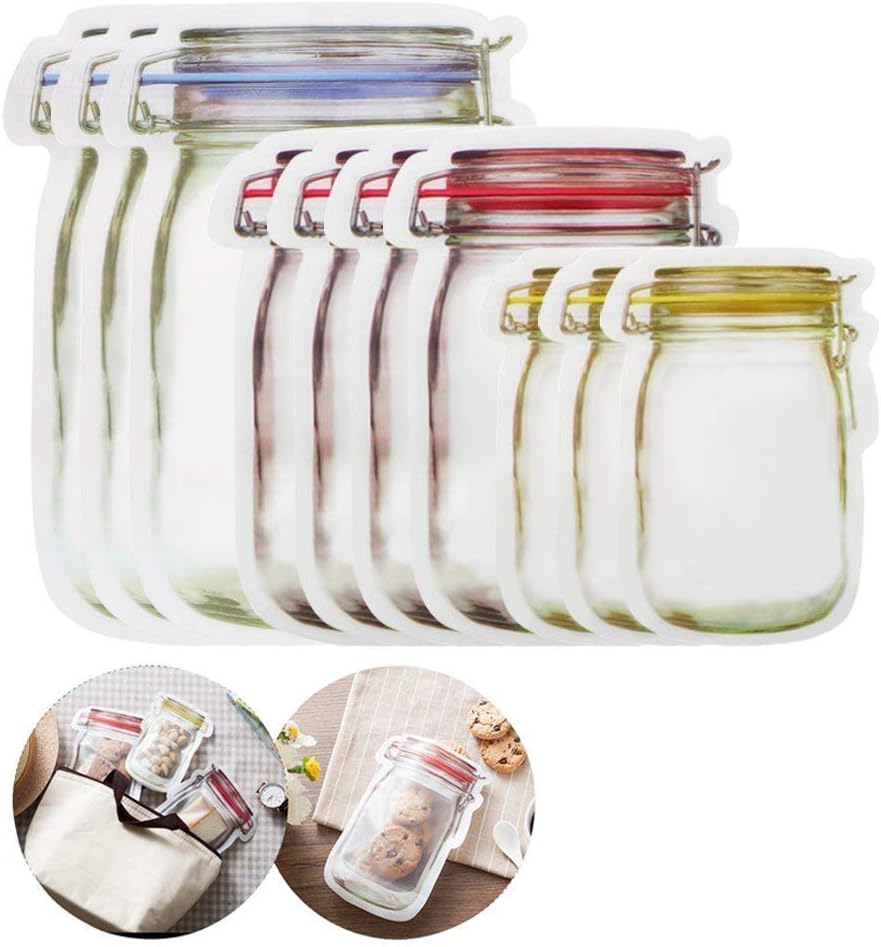 RSPrime Reusable Food Storage Bags,10 Pack Mason Jar Zipper Bags,For Food Snacks, Fruits, Travel Home Organization