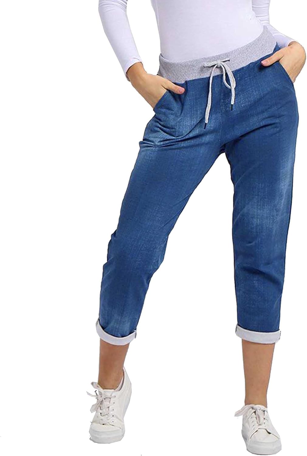 Xpose Ladies 3/4 Turn Up Summer Plain Denim Look Pocket Sweatpants with