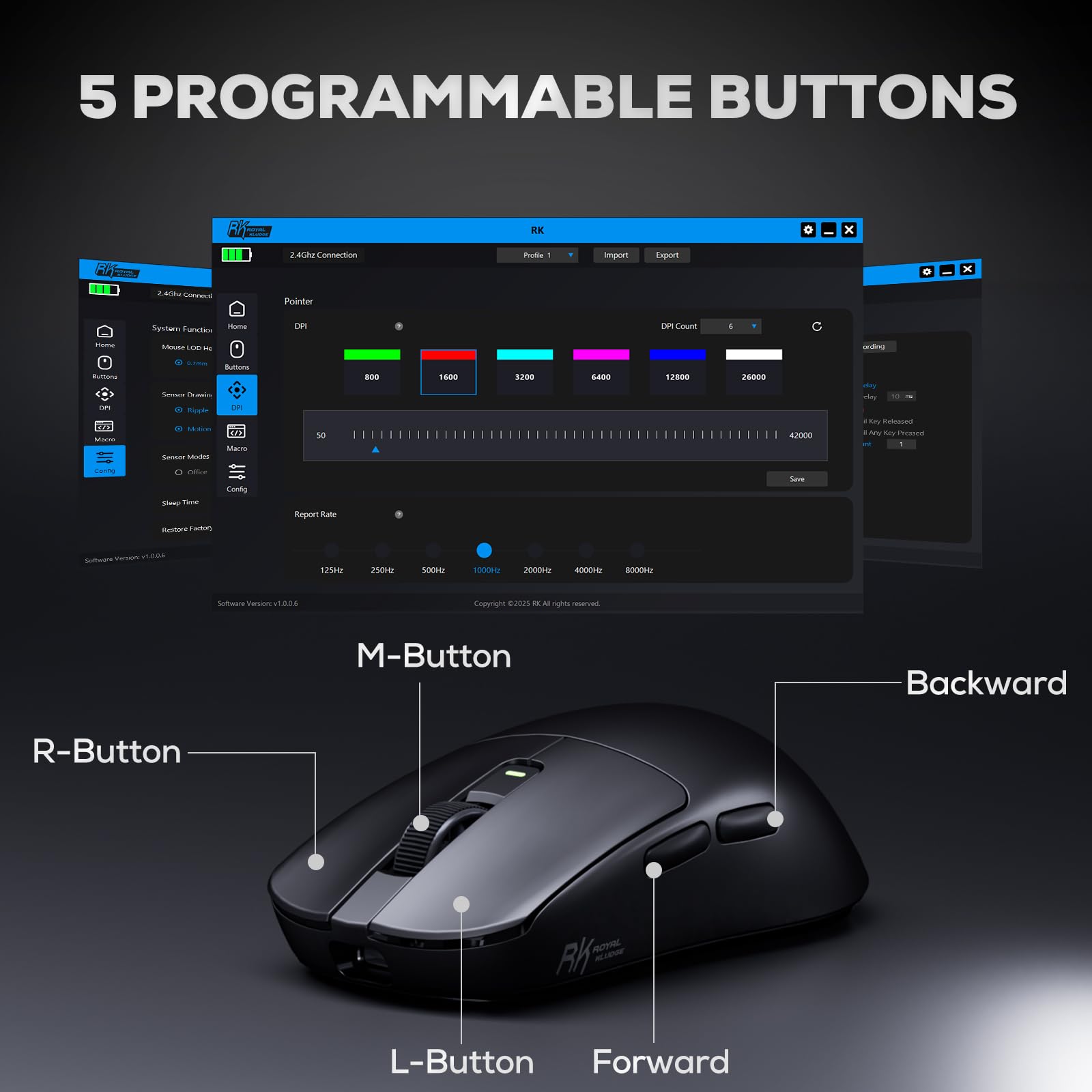 RK ROYAL KLUDGE RK M3 Wireless Gaming Mouse with 42K DPI, 47g Lightweight Computer Mouse with Dual 8K Polling Optical Sensor, Bluetooth/2.4G/USB-C Wired PC Game Mice with 5 Programmable Buttons, Black