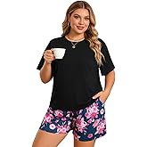YIJIU Womens Plus Size Pajama Sets 2 Piece Short Sleeve Top and Shorts Sleepwear Summer Soft Pjs Lounge Set with Pockets
