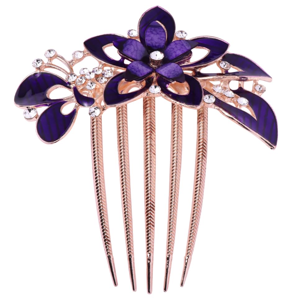 Lurrose Purple Flower Bride Hair Comb Wedding Headdress Delicate Rhinestone Hair Ornament for Women Special Party Accessories