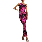 PRETTYGARDEN Women's 2026 Summer Floral One Shoulder Maxi Dress Wedding Guest Ruched Mesh Bodycon Long Cocktail Dresses