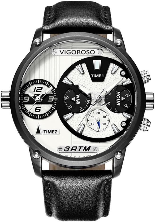 Men Dual Time Zone Wrist Watch Sport Army Genuine Leather Band Oversized Chronograph Quartz Watches