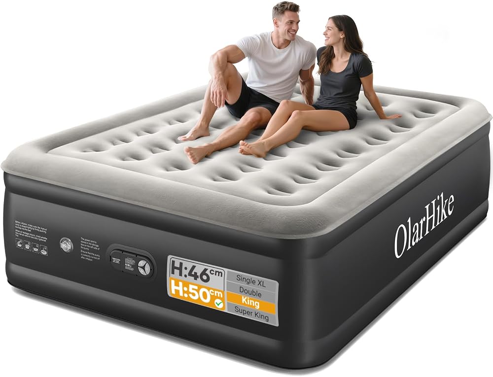 OlarHike King Size Airbed 150x200x50 cm Built-In Pump Flocked Surface