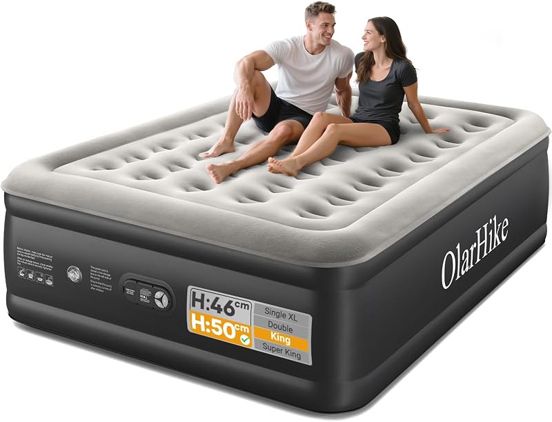 OlarHike King Size Airbed 150x200x50 cm Built-In Pump Flocked Surface