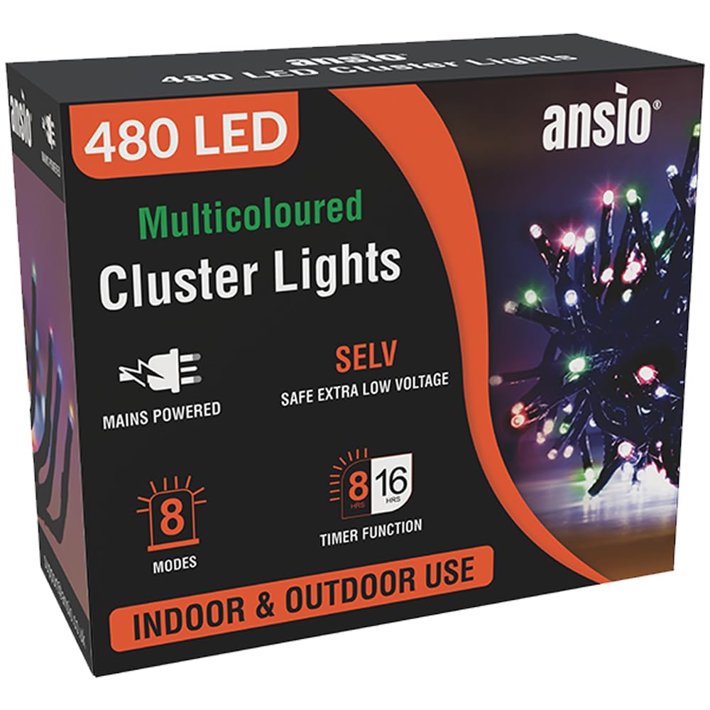 ANSIO® Christmas Lights 480 LED 6m/20ft Cluster Christmas Tree Lights for Indoor & Outdoor Multicoloured Decorations Fairy Lights with Timer for Xmas Garden Bedroom & Party | Mains Powered Green Cable — image 1