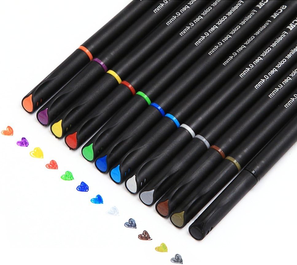 Fine liner Colour Pen Set, 0.4mm Coloured Fine Liner Sketch Drawing Pen,Pack of 12 Assorted Colours