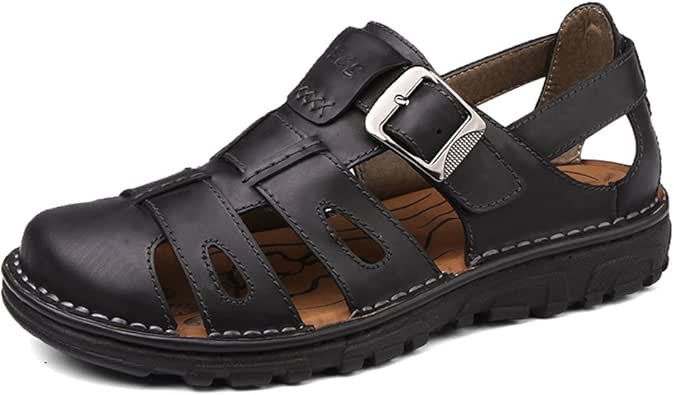 Amazon.com | AFS Jeep Men's Outdoor Woven Pattern Close Toe Cowhide Sandals A502 Black EU 44 