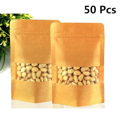 Buy 50pcs Kraft Paper Food Bags Pouch All Purpose Stand Up Zipper Pouch Bag With Clear Window Pack Resealable Food Storage 9 14 3cm Online At Low Prices In India Amazon In