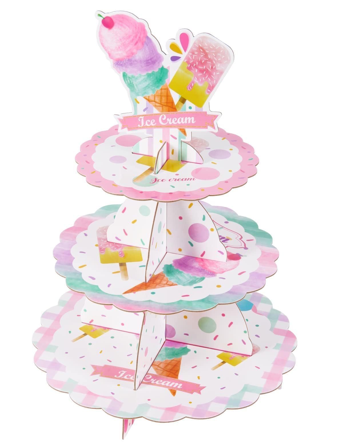 Photo 1 of WERNNSAI Ice Cream Cupcake Stand - 3 Tier Ice Cream Birthday Party Decorations for Girls Kids Summer Popsicle Cupcake Holder Dessert Tower Round Serving Tray Stand for Baby Shower Wedding Supplies