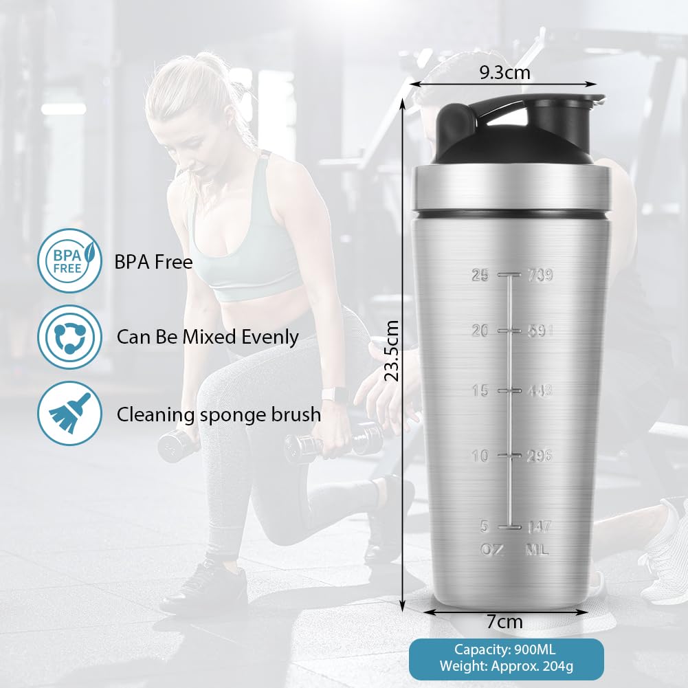 AOOWU Edelstahl Protein Shaker, 900 ml Shaker Eiweiß Sport Fitness mit Skala & Mixball & Schaumstoffbürste, Shakers - BPA Free/Leak Proof/Langlebiger/Geruchsneutraler, für Eiweiß, Diät, Fitness Shakes 2