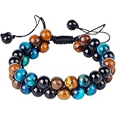 PAKUNDAS Handmade Triple Protection Bracelet,Bracelets for Men Women Natural Tiger Eye Jewelry Stone Hematite and Blue Stone Hematite 8mm Crystal Bracelet - Adjustable Size with Premium Gift-Box