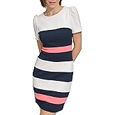 Tommy Hilfiger Womens Short Sleeve Striped Scuba Crepe Sheath Mini Dress