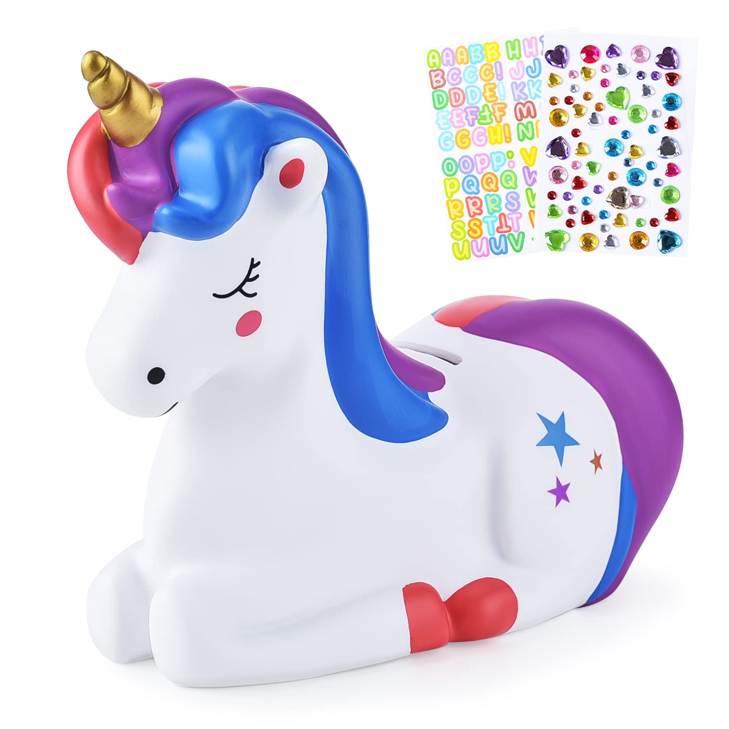 PJDRLLC Piggy Bank Girls: Unicorn Piggy Banks - Unbreakable Plastic Coin Money Bank with Alphabet Stickers - Purple