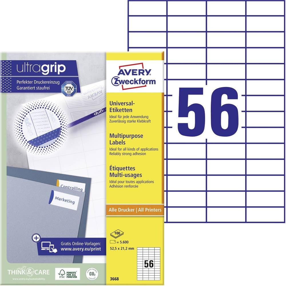 Avery Zweckform Universal-Etiketten Etikett 52,5x21,2mm InkjetLaserCopy A4 100BLATT 5600ST Weiss