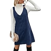 Koinshha Women V Neck Corduroy Overall Dress Casual Loose Short Pinafore Dresses Cute Mini Jumper Dress