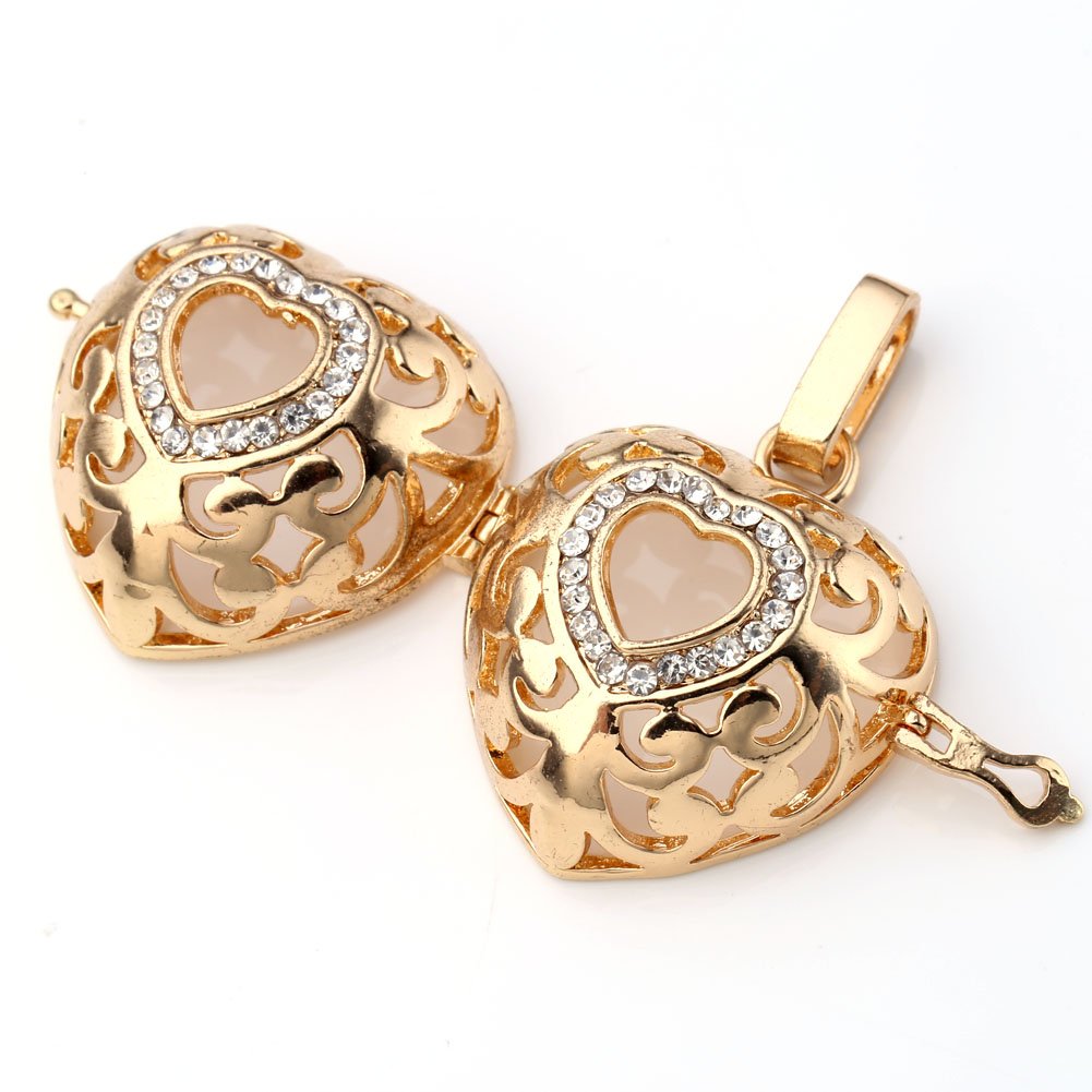 QGEM Collier de Pendentif en Cœur Doré Médaillon Locket Ouvert avec Strass + 7pcs Boules Pierre Chakra Naturelle pr Femme