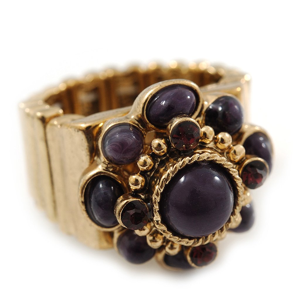 Avalaya Vintage Purple Glass Stone, Crystal Floral Flex Ring In Burn Gold Finish - 20mm Diameter - Size 8/9