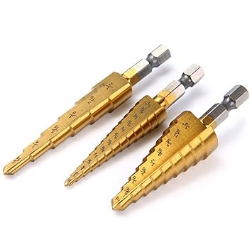 Generic 3PCS High precision Density Titanium Coated HSS Metric Step Drill Bit Set Quick Change 0.25 inch Hex Shank Metalworking Bit