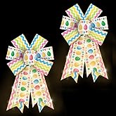 Threetols 2PCS LED Easter Wreath Bows, LED Light Spring Colorful Stripe Bows for Wreath for Easter Party Indoor Outdoor Burple Decorative Bows Easter Flower Eggs Tree Bows for Front Door Decorations