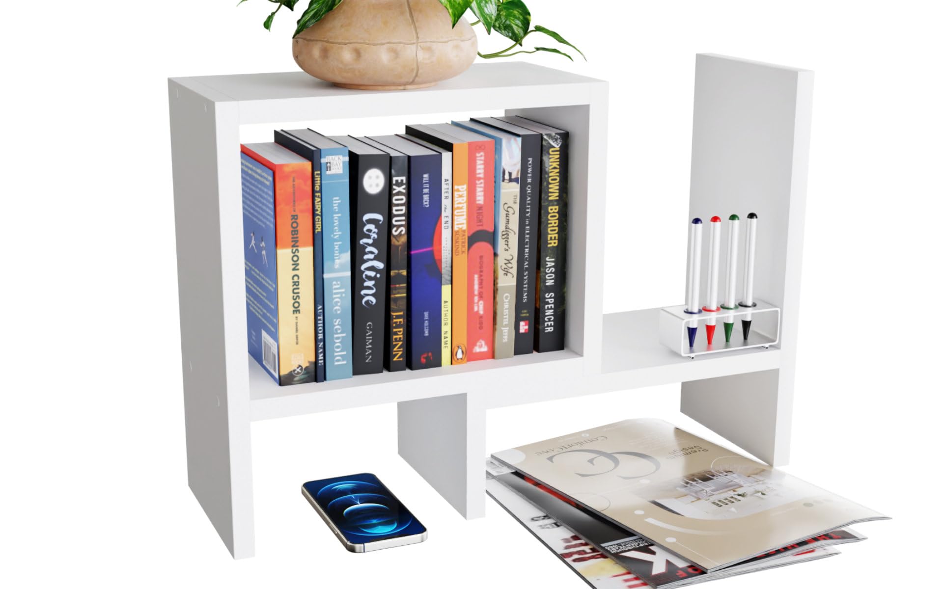 ComfortCove Adjustable Bookshelf Bookcase, Desktop Bookshelf, Desk Storage, Freestanding Desktop Organizer, Kitchen Organizer, Office Storage Rack, White