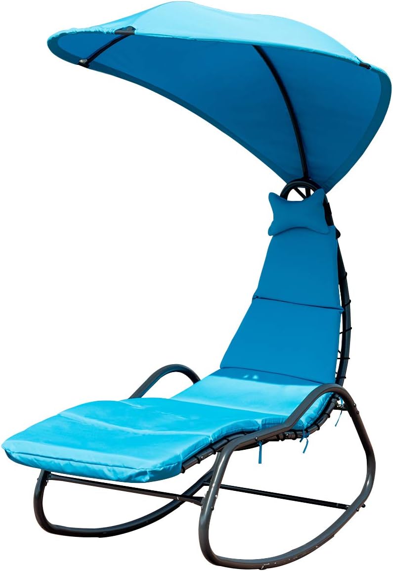 short outdoor chaise lounge on Amazon Com Giantex Chaise Lounge Swing Chair Outdoor Hammock With Stand And Canopy Porch Swing W Soft Cushion Removable Headrest Outdoor Recliner Rocking Chair For Garden Backyard Poolside Blue Kitchen Dining