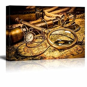 Vintage Magnifying Glass Compass Telescope and a Pocket Watch Lying on an Old Map Home Deoration ing ped - Canvas Art Wall Art - 12" x 18"