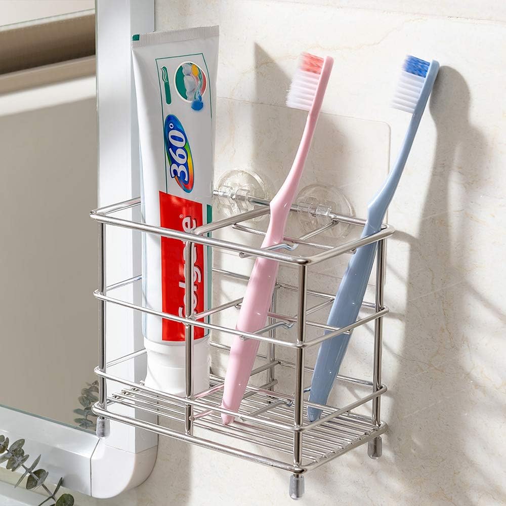 YONGJIE Stainless Steel Bathroom Toothbrush Holder Toothpaste Holder Stand, Wall-Mounted or Countertop Multi-Function Bathroom Storage Rack with Powerful Self-Adhesive: Home & Kitchen
