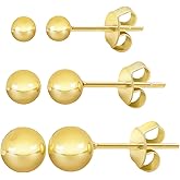 Gold Stud Earrings for Women 14K Gold Ball Stud Earrings Hypoallergenic Earring (3-Pair-Pack) 3MM 4MM 5MM with Butterfly Pushbacks
